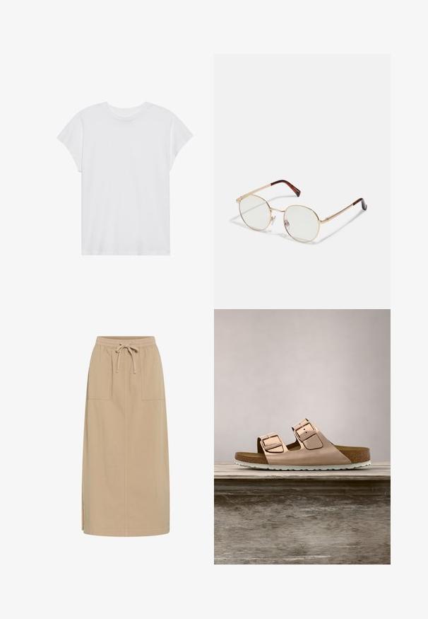 Hvid kortærmet t-shirt med rund hals, afslappet pasform, lavet af blødt bomuldsstof. Glat tekstur, ingen mønstre eller logoer.; Beige bomuldsnederdel med snoreliv, to sidelommer, lige pasform og sideslidser for nem bevægelse. Glat tekstur.; Rosenfarvede slidesandaler i metal med to justerbare metalspænder, korkfodbed og hvid gummisål. Glat metalfinish, åben tå-design.; Guldmetals ovale briller med klare linser. Skildpadde-mønster detaljer på stængerne. Justerbare næsepuder for komfort.