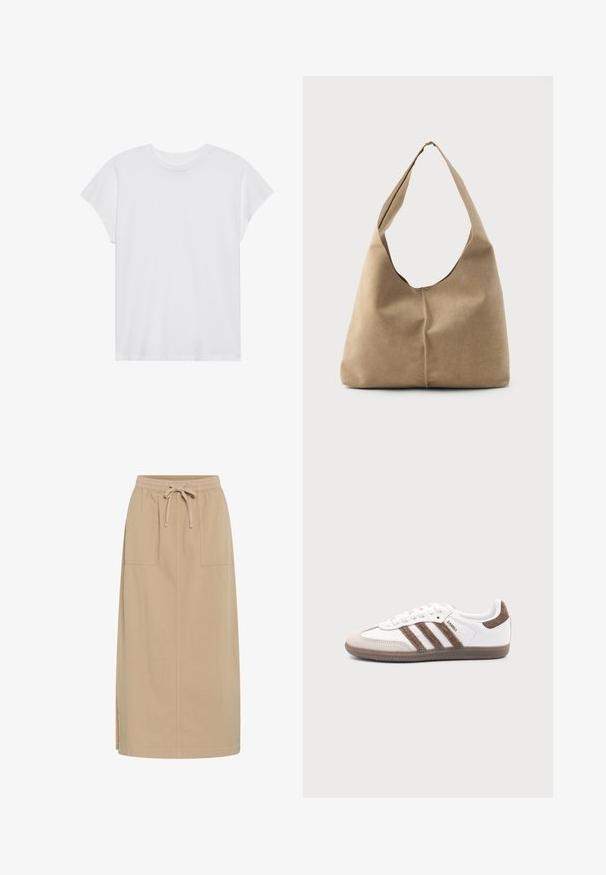 Hvid kortærmet t-shirt med rund hals, afslappet pasform, lavet af blødt bomuldsstof. Glat tekstur, ingen mønstre eller logoer.; Beige bomuldsnederdel med snoreliv, to sidelommer, lige pasform og sideslidser for nem bevægelse. Glat tekstur.; Hvid Adidas Samba sneaker med brune ruskindstriber, brun gummisål og beige ruskindståhætte, vist fra ydersiden på en ensfarvet baggrund.; Hobo taske i blød beige ruskind med en afslappet form, bred skulderrem og håndsyet sømdetalje langs fronten.