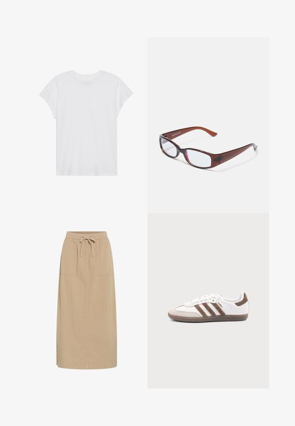 Hvid kortærmet t-shirt med rund hals, afslappet pasform, lavet af blødt bomuldsstof. Glat tekstur, ingen mønstre eller logoer.; Beige bomuldsnederdel med snoreliv, to sidelommer, lige pasform og sideslidser for nem bevægelse. Glat tekstur.; Hvid Adidas Samba sneaker med brune ruskindstriber, brun gummisål og beige ruskindståhætte, vist fra ydersiden på en ensfarvet baggrund.; Brune-farvede rektangulære briller med en glat overflade, der har slanke arme og gennemsigtige linser. Logoet er synligt på venstre temple.