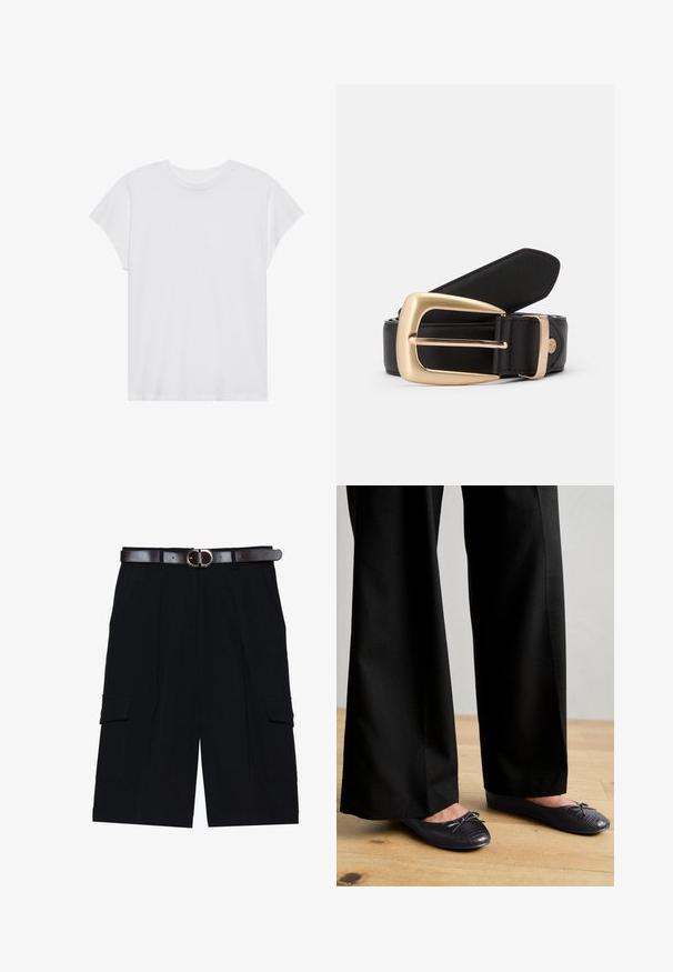 Hvid kortærmet t-shirt med rund hals, afslappet pasform, lavet af blødt bomuldsstof. Glat tekstur, ingen mønstre eller logoer.; Sorte cargo shorts lavet af letvægtsstof, med lige snit, sidelommer og et brunt læderbælte med en sølvspænde.; Sort bukser med bredde ben og en struktureret overflade, parret med flade sko med en sløjfe og et subtilt krokodillepræget design i sort.; Sort læderbælte med en gylden rektangulær spænde. Bæltet har en glat overflade og en subtil syning langs kanterne.
