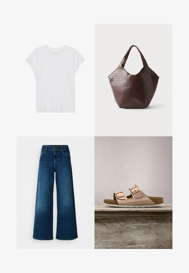 Camiseta blanca de manga corta con cuello redondo, corte relajado, hecha de suave tela de algodón. Textura lisa, sin estampados ni logotipos.; Jeans de pierna ancha hechos de denim azul oscuro. Presentan una cintura alta, cierre de botón y un diseño clásico de cinco bolsillos con un ligero desgaste.; Sandalias deslizantes en oro rosa con dos hebillas metálicas ajustables, plantilla de corcho y suela de goma blanca. Acabado metálico suave, diseño de punta abierta.; Bolso bandolera de cuero tejido marrón oscuro con asas anchas y forma ancha trapezoidal sobre un fondo liso.