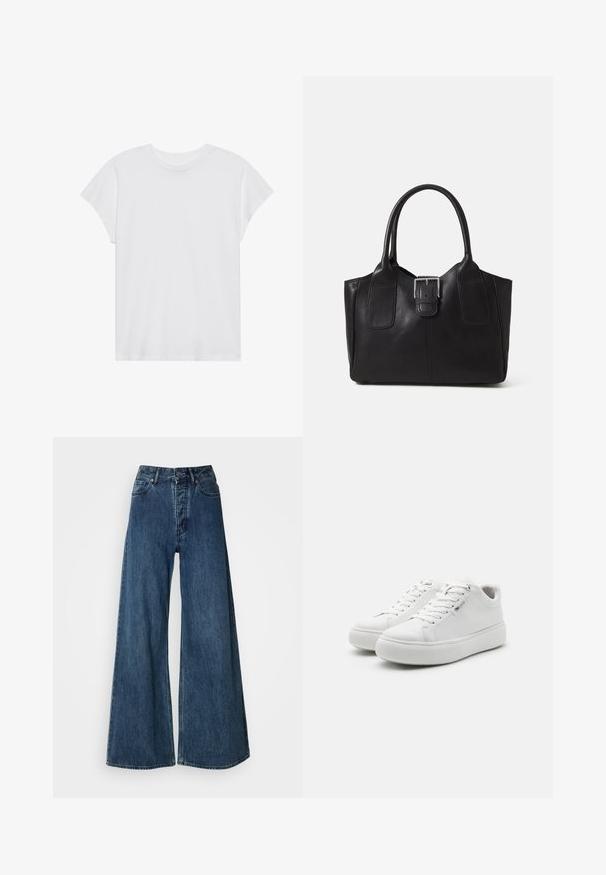 Hvid kortærmet t-shirt med rund hals, afslappet pasform, lavet af blødt bomuldsstof. Glat tekstur, ingen mønstre eller logoer.; Bredde bukser i denim i mørkeblå, med høj talje, fem-lomme design og kontrasterende syninger. Klassisk, holdbart stof.; Hvide lavtop sneakers med en glat lærredsoverdel, rund tå og tyk gummisål. Har snørebånd foran og et minimalistisk design.; Sort lædertaske med dobbelt håndtag og central sølvspænde, struktureret rektangulær form, glat tekstur, på neutral baggrund.