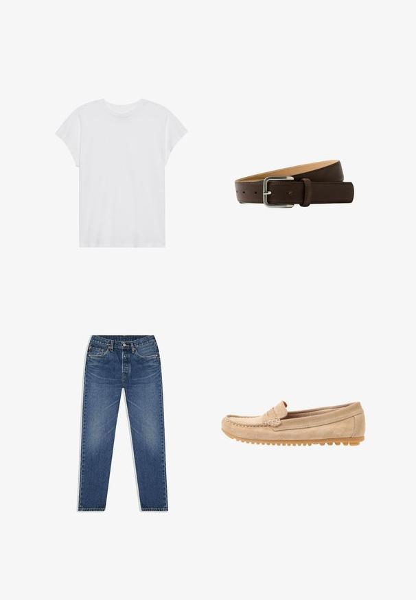 Camiseta blanca de manga corta con cuello redondo, corte relajado, hecha de suave tela de algodón. Textura lisa, sin estampados ni logotipos.; Vaqueros de denim azul con diseño de pierna recta, que cuentan con un cierre de botón y cremallera, cinco bolsillos y un ligero desgastado en el lavado.; Mocasines de ante beige con punta redondeada, con detalles de costura y suela de goma que presenta pequeños salientes para tracción. Vista lateral.; Cinturón de cuero marrón con hebilla de metal plateado. Presenta una textura suave y costuras ordenadas a lo largo de los bordes. Ajustable con múltiples agujeros.