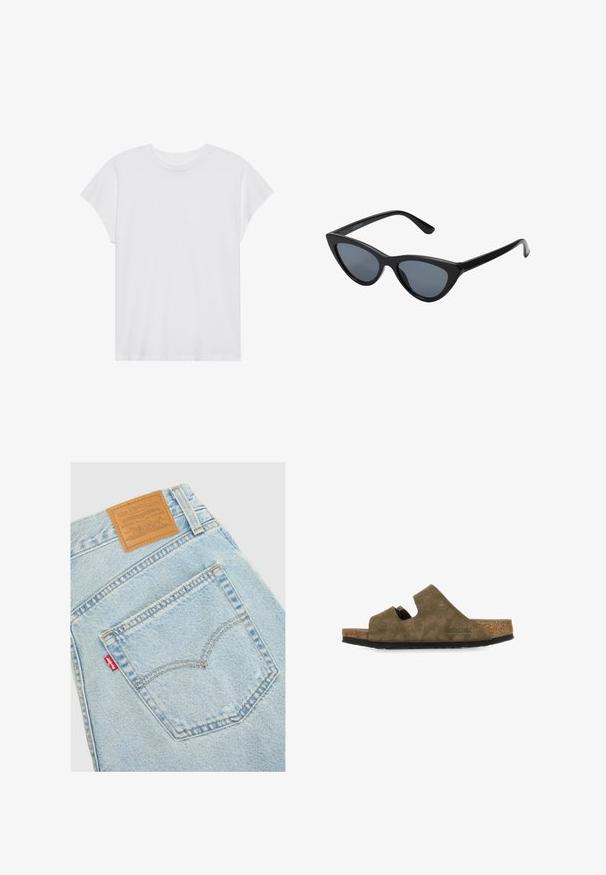 Camiseta blanca de manga corta con cuello redondo, corte relajado, hecha de suave tela de algodón. Textura lisa, sin estampados ni logotipos.; Vaqueros de mezclilla azul claro con bolsillo trasero y parche de cuero con la marca Levi's y etiqueta roja en la costura del bolsillo.; Sandalia tipo slip-on de ante marrón con plantilla de corcho, presenta un diseño con recortes y suela de goma negra texturizada. Logo de la marca visible en el lateral.; Gafas de sol negras en forma de ojo de gato con lentes gris oscuro, marco de plástico elegante, esquinas puntiagudas y patillas rectas. Sin herrajes ni acentos visibles.