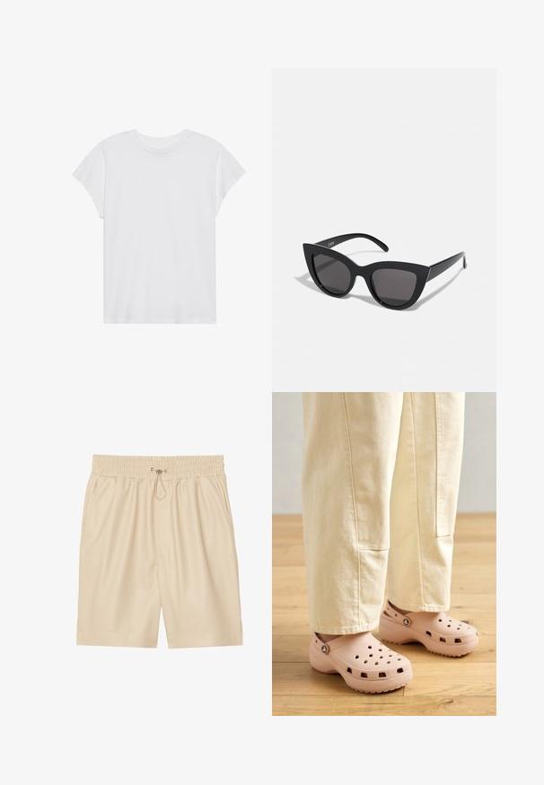 Weißes kurzärmliges T-Shirt mit Rundhalsausschnitt, lockerer Passform, aus weichem Baumwollstoff. Glatte Textur, keine Muster oder Logos.; Beige Shorts aus Kunstleder mit elastischem Bund und Kordelzug. Verfügt über Seitentaschen und eine lockere Passform. Glatte Textur.; Helle rosa Clogs aus Gummi, mit Belüftungslöchern, einer konturierten Form und einer strukturierten Sohle für Halt. Getragen mit hellbeigen Hosen.; Schwarze Cat-Eye-Sonnenbrille mit matter Oberfläche, grauen getönten Gläsern, scharfen Kanten und schlanken Bügeln. Der Markenname ist auf dem inneren Bügel sichtbar.