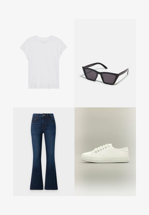 Hvid kortærmet t-shirt med rund hals, afslappet pasform, lavet af blødt bomuldsstof. Glat tekstur, ingen mønstre eller logoer.; TOM TAILOR STELLA darkblue; Hvid lavtop sneaker med hvide snørebånd og gummisål vist fra siden på en neutral baggrund.; Sorte, kantede solbriller med grå linser; lavet af plast, med tykke stænger med en glat overflade og ingen synlig hardware.