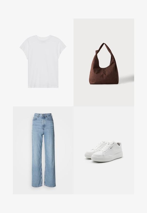 Hvid kortærmet t-shirt med rund hals, afslappet pasform, lavet af blødt bomuldsstof. Glat tekstur, ingen mønstre eller logoer.; Lyseblå højtskårne jeans med lige ben, lavet af denim, med frontknaplukning og diskrete falmede detaljer.; Hvide lavtop sneakers med en glat lærredsoverdel, rund tå og tyk gummisål. Har snørebånd foran og et minimalistisk design.; Brun tekstureret stofhåndtaske med et enkelt håndtag bundet i en knude, vist mod en ensfarvet lys baggrund.