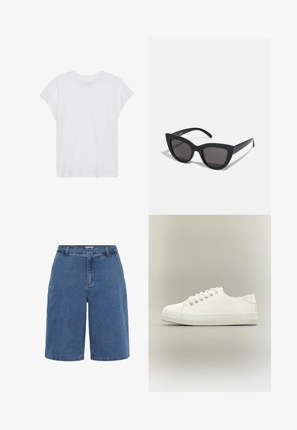 Camiseta blanca de manga corta con cuello redondo, corte relajado, hecha de suave tela de algodón. Textura lisa, sin estampados ni logotipos.; Shorts de denim con un lavado azul, con un corte clásico, cinco bolsillos y costuras en contraste en las costuras. Cintura de altura media y pierna recta.; Zapatilla blanca baja con cordones blancos y suela de goma mostrada desde vista lateral sobre un fondo neutro.; Gafas de sol negras en forma de ojo de gato con un acabado mate, que presentan lentes ahumados grises, ángulos pronunciados y brazos laterales elegantes. Nombre de la marca visible en el interior del brazo.