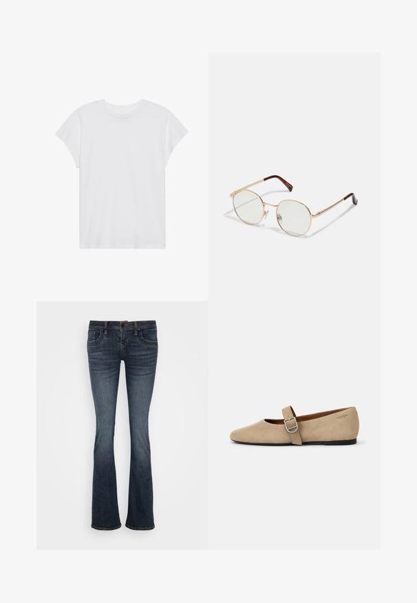 Weißes kurzärmliges T-Shirt mit Rundhalsausschnitt, lockerer Passform, aus weichem Baumwollstoff. Glatte Textur, keine Muster oder Logos.; Dunkelblaue ausgestellte Jeans mit mittelhohem Bund, fünf Taschen und subtilen Stichakzenten. Hergestellt aus Denim mit glatter Textur.; Beige Wildleder Mary Jane Ballerinas mit spitzer Zehe und einem verstellbaren Riemen mit einer silbernen Schnalle. Schwarze flache Sohle.; Goldfarbene metallene Brille mit ovalem Rahmen und klaren Gläsern. Schildpatt-Akzente an den Bügeln. Verstellbare Nasenpads für zusätzlichen Komfort.