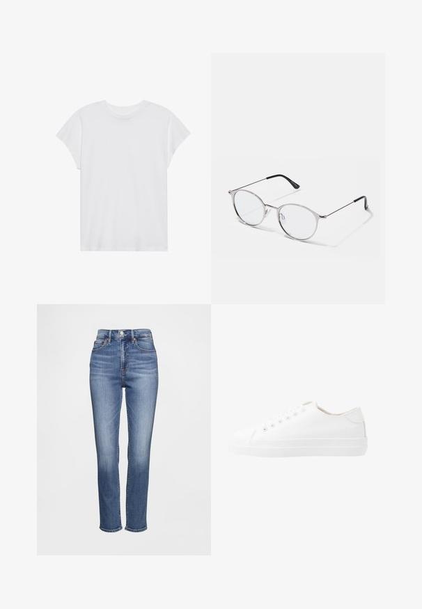 Hvid kortærmet t-shirt med rund hals, afslappet pasform, lavet af blødt bomuldsstof. Glat tekstur, ingen mønstre eller logoer.; Højtaljede blå jeans lavet af denim med et klassisk design med fem lommer, diskrete whiskering-detaljer og et lige ben-snit.; Hvide kanvas sneakers med lavt design, rund tå, seks snørehuller og en struktureret gummisål. Glat materiale med minimale detaljer.; Metallic sølvbriller med runde linser og en tynd ramme. Sorte tempelspidser giver kontrast. Justerbare næsepuder medfølger.