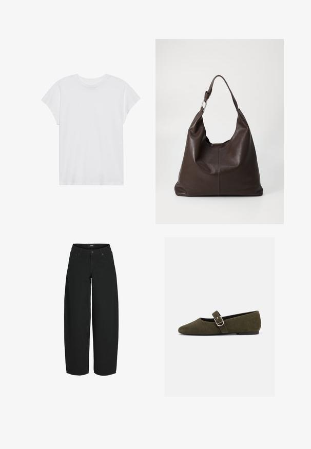 Witte t-shirt met korte mouwen, ronde hals, relaxte pasvorm, gemaakt van zacht katoen. Glad textuur, geen patronen of logo's.; Zwarte cropped jeans met wijde pijpen, voorzijde met knoop- en ritssluiting, voor- en achterzakken, merklabel op de tailleband.; Olijfgroene suède Mary Jane platte schoen met zilveren gespsluiting en afgeronde neus, getoond op een witte achtergrond.; Zign by Zalando LEATHER - Shopper - chocolate brown