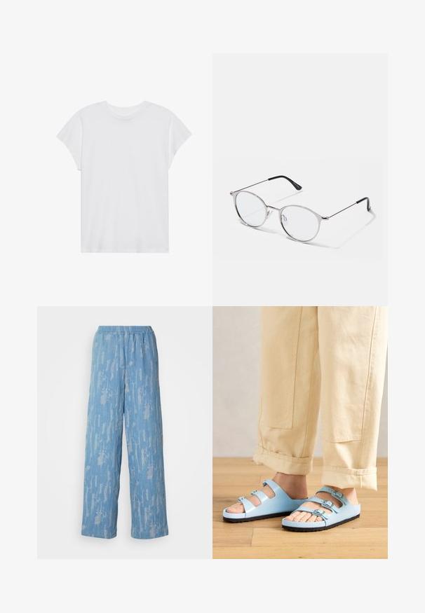 Camiseta blanca de manga corta con cuello redondo, corte relajado, hecha de suave tela de algodón. Textura lisa, sin estampados ni logotipos.; Pantalones de pierna ancha en azul claro, hechos de una tela texturizada con un sutil estampado abstracto. Cuentan con una cintura elástica para mayor comodidad.; Chanclas de color azul claro con tres correas ajustables y hebillas plateadas; suela texturizada y material superior suave. Llevadas con pantalones beige arremangados.; Gafas de sol plateadas metálicas con lentes redondos y un marco delgado. Las puntas de las patillas en negro aportan contraste. Incluyen almohadillas nasales ajustables.