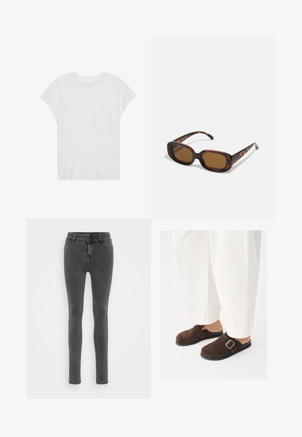 Hvid kortærmet t-shirt med rund hals, afslappet pasform, lavet af blødt bomuldsstof. Glat tekstur, ingen mønstre eller logoer.; Smal grå jeans lavet af denim, med høj talje, dobbelt knaplukning og minimal syning for et strømlinet udseende.; Person iført hvide bukser og mørkebrune ruskind slip-on sko med en sølvspænde, stående på en ensfarvet hvid overflade.; Skildpaddefarvede solbriller med rektangulær form, brune linser, glat plastikskelet og tynde stænger med subtile tonale mønstre.
