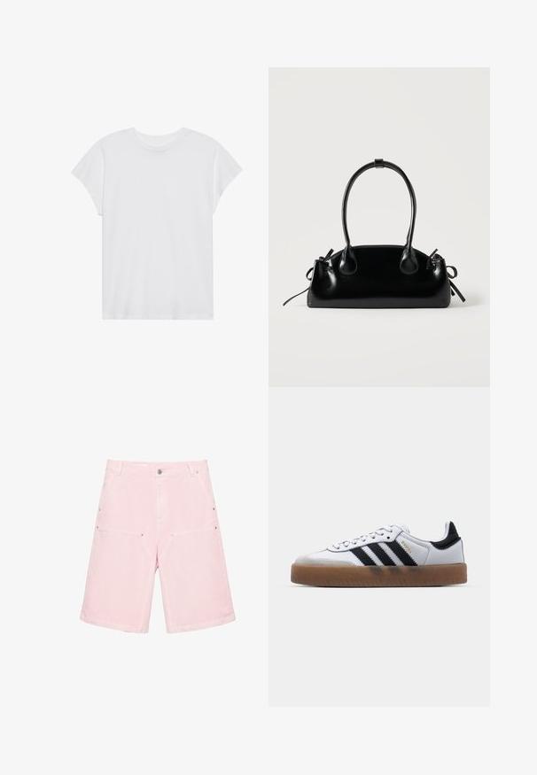 T-shirt blanc à manches courtes, col rond, coupe décontractée, en tissu de coton doux. Texture lisse, sans motifs ni logos.; Shorts en denim rose clair longueur genou avec poches avant, passants pour ceinture et fermeture à boutons.; Baskets en cuir blanc avec des rayures noires, semelle extérieure en caoutchouc beige, bout rond, fermeture lacée et embout en suède gris doux.; Petit sac à main noir brillant avec deux longues anses et des détails à cordon sur les côtés sur un fond clair uni.