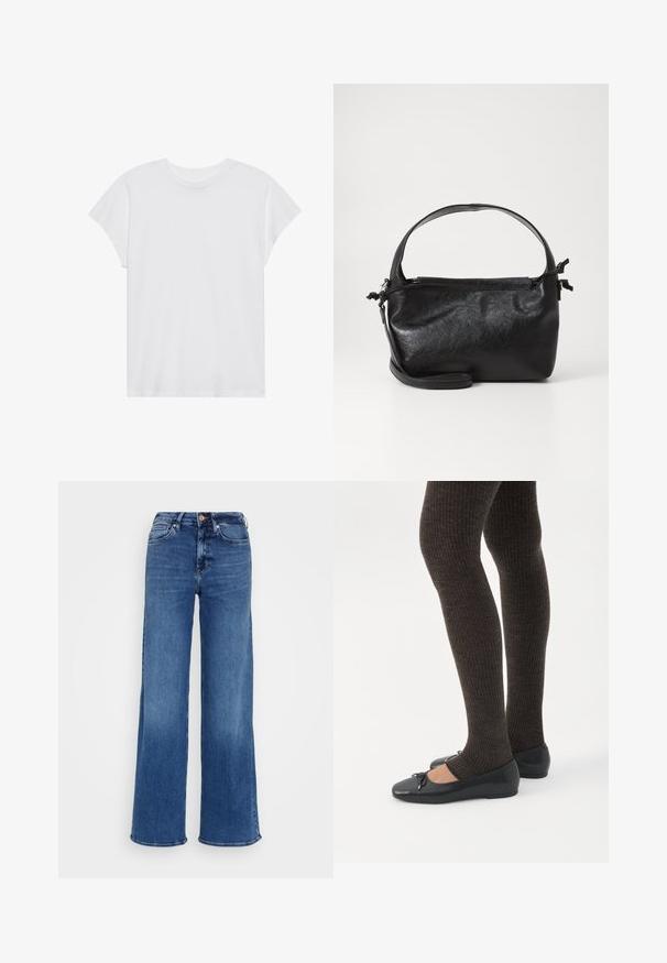 T-shirt blanc à manches courtes, col rond, coupe décontractée, en tissu de coton doux. Texture lisse, sans motifs ni logos.; Jean bleu à jambes larges en denim, avec une taille haute, cinq poches et une fermeture à boutons. Délavage subtil et détails de couture visibles.; Jambes portant des leggings côtelés foncés associés à des ballerines noires avec de petits détails en nœud sur fond blanc.; Sac à main en cuir noir au design structuré, avec une poignée arrondie et une bandoulière amovible. Présente une texture lisse et un éclat subtil.