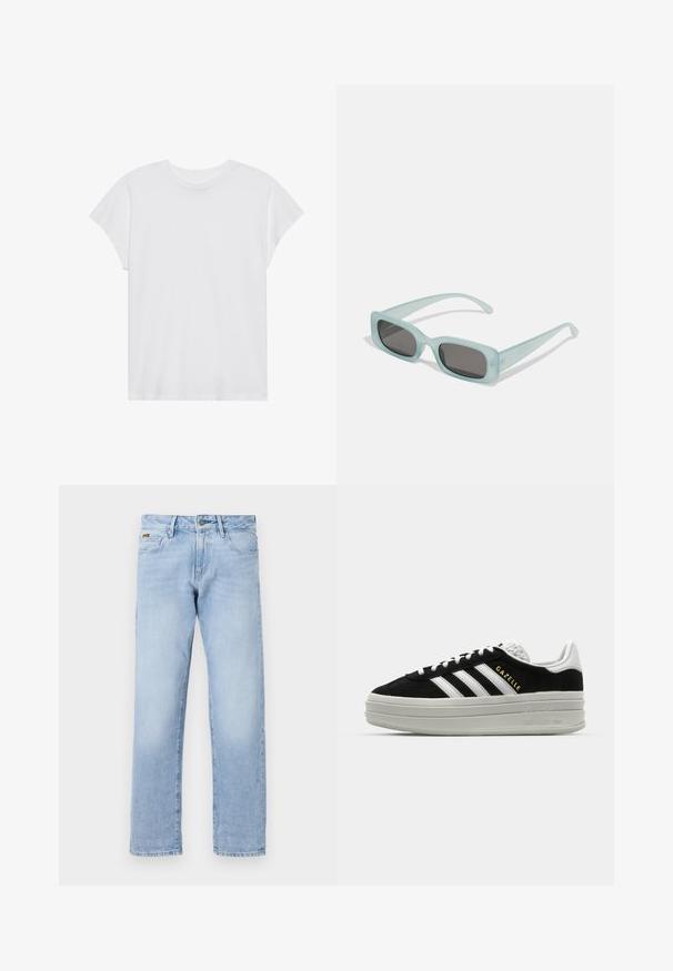 Camiseta blanca de manga corta con cuello redondo, corte relajado, hecha de suave tela de algodón. Textura lisa, sin estampados ni logotipos.; Jeans rectos de mezclilla de color azul claro; cuentan con un cierre frontal de botón, diseño clásico de cinco bolsillos y un ligero desgastado para añadir textura.; Zapatillas negras de ante con detalles en cuero blanco, tres rayas blancas, cordones planos y una gruesa suela de plataforma gris. Marca "Gazelle" en dorado.; Un par de gafas de sol rectangulares con montura translucida azul clara y lentes gris oscuro, que cuentan con patillas rectas y detalles de hardware mínimos.
