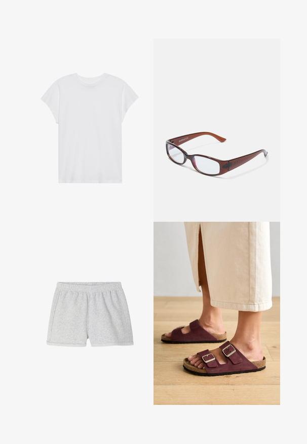 Biela krátka rukávová tričko s okrúhlym výstrihom, voľný strih, vyrobené z jemnej bavlnenej látky. Hladká textúra, bez vzorov alebo log.; American Vintage SHORT FEMME ATUBAY - Tepláky - arctique chine; Birkenstock ARIZONA NARROW - Sandále - zinfandel; Hnedé obdĺžnikové okuliare s lesklým povrchom, s štíhlymi rámami a priehľadnými šošovkami. Logo je viditeľné na ľavom ramene.