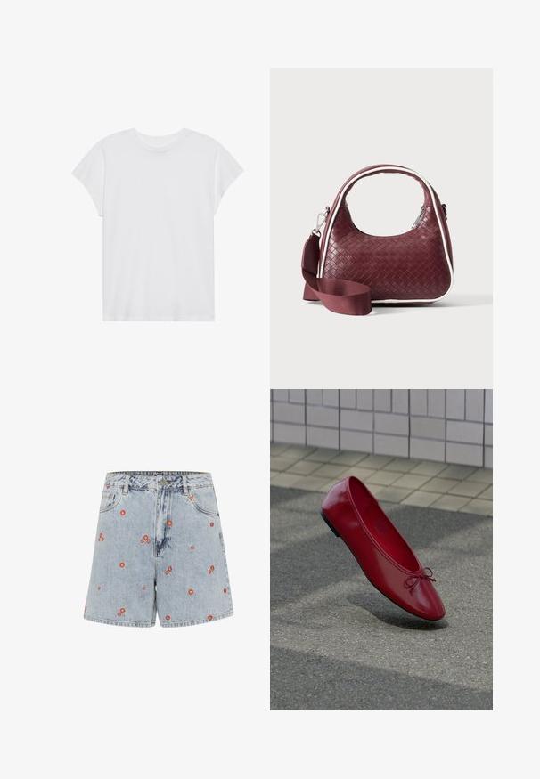 Hvid kortærmet t-shirt med rund hals, afslappet pasform, lavet af blødt bomuldsstof. Glat tekstur, ingen mønstre eller logoer.; Lysblå denimshorts med rød blomsterbroderi. Har høj talje, frontlommer og lige pasform.; Rød læder balletflat med en lille sløjfe på tekstureret belægning nær en flisebelagt væg, der kaster en skygge nedenunder.; Mørkerød vævet lædertaske med buet hank, hvid kant, sølv lynlås og aftagelig bred stofskulderrem mod en ensfarvet baggrund.