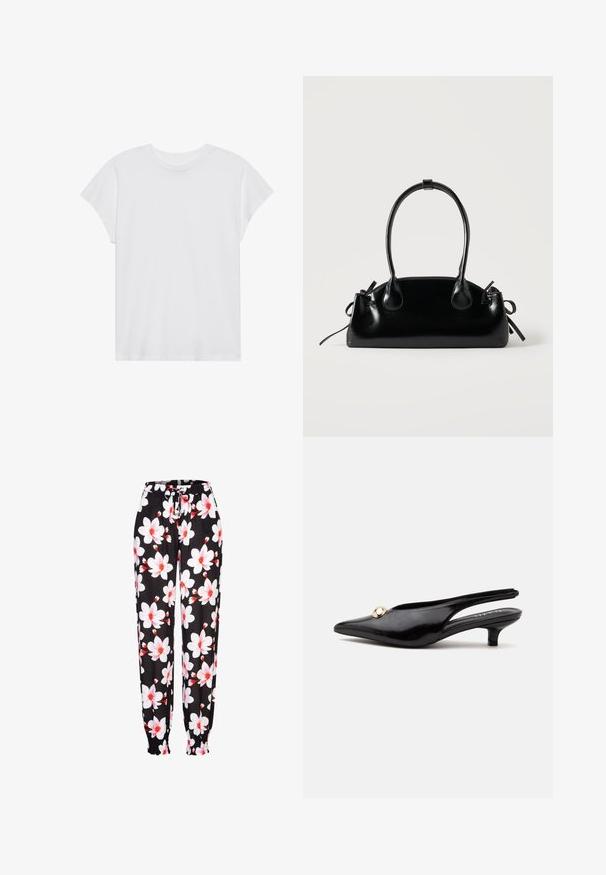 T-shirt blanc à manches courtes, col rond, coupe décontractée, en tissu de coton doux. Texture lisse, sans motifs ni logos.; Pantalons en tissu noir avec un motif floral blanc et rouge, taille élastique avec cordon de serrage, et poignets froncés. Matière légère.; Escarpin slingback noir en cuir verni à petit talon kitten, avec un bout pointu et un petit ornement rond doré sur le dessus.; Petit sac à main noir brillant avec deux longues anses et des détails à cordon sur les côtés sur un fond clair uni.