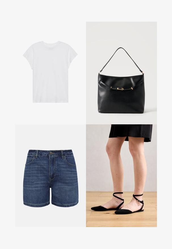 T-shirt blanc à manches courtes, col rond, coupe décontractée, en tissu de coton doux. Texture lisse, sans motifs ni logos.; Shorts en denim bleu foncé avec bouton frontal, fermeture éclair, passants pour ceinture et poches avant, présentés sur un fond blanc.; Sandales plates noires en daim avec bout pointu, dotées de brides de cheville croisées et d'une fermeture à boucle. Texture lisse et design minimaliste.; Sac à épaule en cuir noir avec une bandoulière unique et un petit détail de boucle dorée à l'avant, sur un fond clair uni.