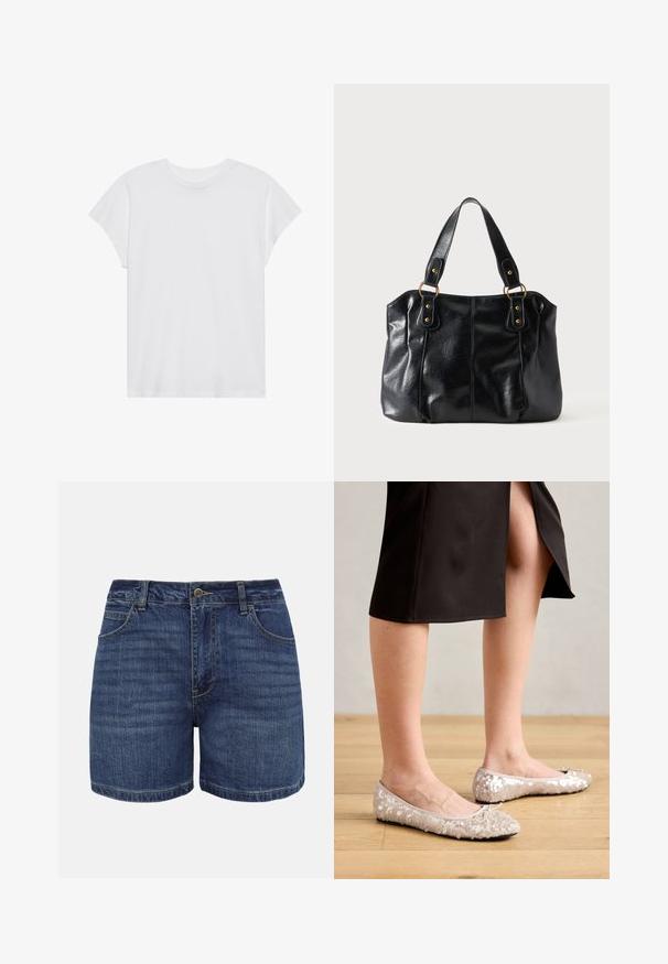 Witte t-shirt met korte mouwen, ronde hals, relaxte pasvorm, gemaakt van zacht katoen. Glad textuur, geen patronen of logo's.; Donkerblauwe denimshorts met knoopsluiting aan de voorkant, ritssluiting, riemlussen en voorzakken, afgebeeld tegen een witte achtergrond.; Beige sequined balletschoenen met een ronde neus, voorzien van een strikaccent, gecombineerd met een zwarte rok, gepresenteerd op een houten vloer.; Zwarte leren schoudertas met dubbele bandjes bevestigd met gouden ringen en klinknagels, glad en licht glanzend oppervlak, eenvoudig ontwerp.