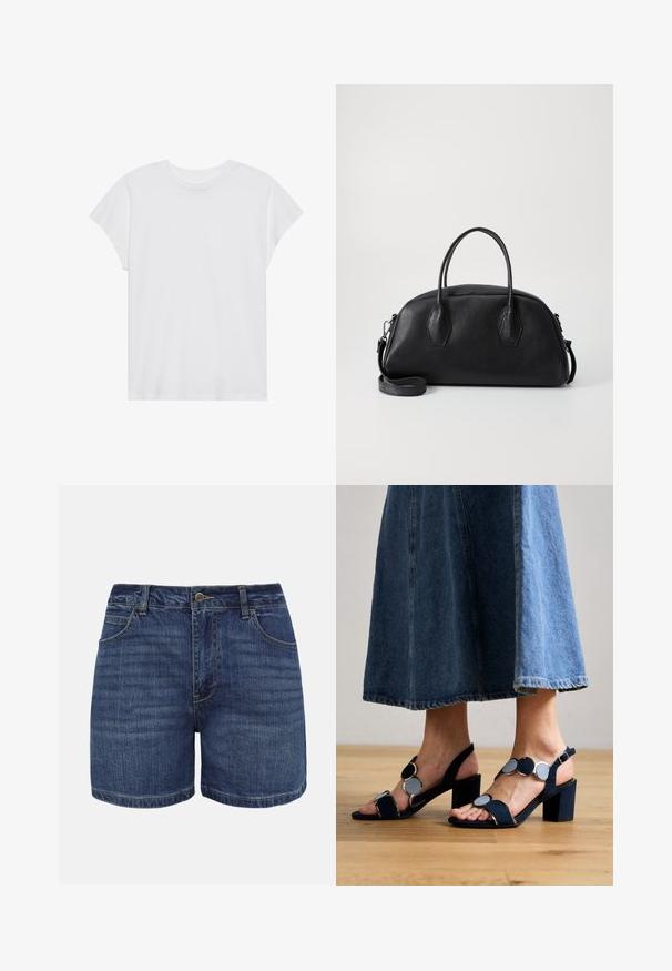 Witte t-shirt met korte mouwen, ronde hals, relaxte pasvorm, gemaakt van zacht katoen. Glad textuur, geen patronen of logo's.; Donkerblauwe denimshorts met knoopsluiting aan de voorkant, ritssluiting, riemlussen en voorzakken, afgebeeld tegen een witte achtergrond.; Marco Tozzi Sandalen - navy; Zwarte leren handtas met een ronde vorm, dubbele handvatten aan de bovenkant, gestructureerd oppervlak en een afneembare schouderband. Twee hexagonale accenten aan de zijkanten.