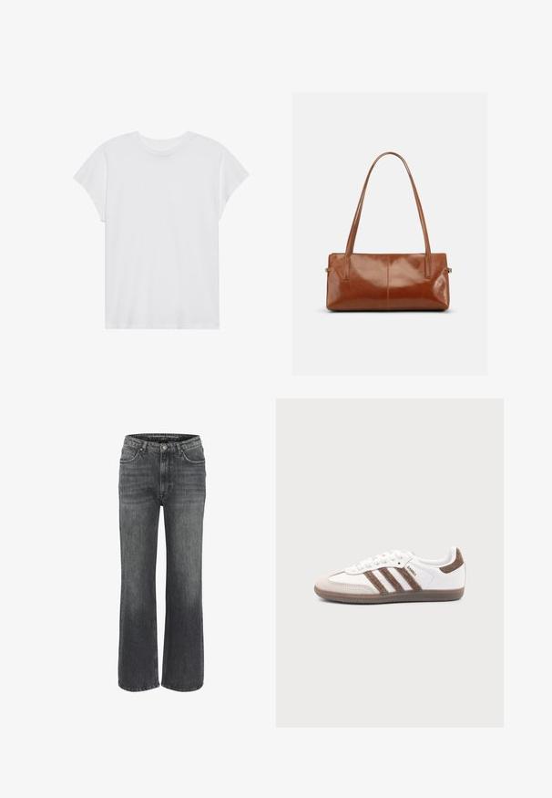 Weißes kurzärmliges T-Shirt mit Rundhalsausschnitt, lockerer Passform, aus weichem Baumwollstoff. Glatte Textur, keine Muster oder Logos.; Weite Jeans aus dunkelgrauem Denim mit klassischem Fünf-Taschen-Design, genähten Details und einem Knopfverschluss an der Taille.; Weißer Adidas Samba Sneaker mit braunen Wildlederstreifen, brauner Gummisohle und beiger Wildlederkappe, von der Außenseite auf schlichtem Hintergrund gezeigt.; Rechteckige braune Lederhandtasche mit zwei langen Schulterriemen, glattem glänzendem Finish und minimalistischem Design vor einfarbigem Hintergrund.
