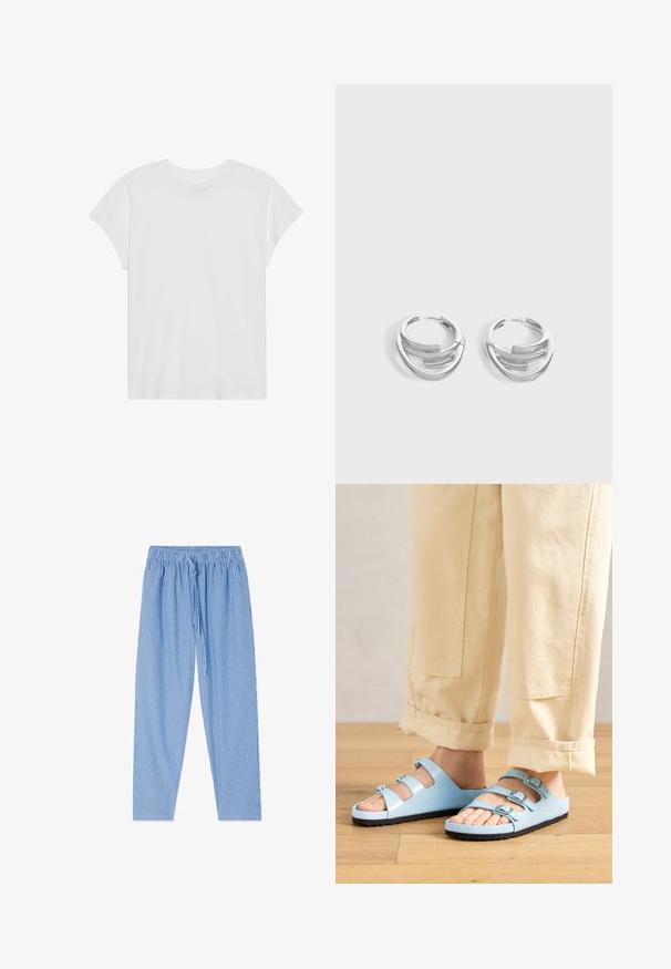 Hvid kortærmet t-shirt med rund hals, afslappet pasform, lavet af blødt bomuldsstof. Glat tekstur, ingen mønstre eller logoer.; Blå og hvide lodrette stribede bukser med elastisk talje og snøre, lagt fladt på hvid baggrund.; Lysblå slidesandaler med tre justerbare stropper og sølvspænder; tekstureret sål og glat overflademateriale. Båret med opkrøllede beige bukser.; Par polerede sølv hoops øreringe med lagdelt, buet stangdesign på en ensartet lys baggrund.
