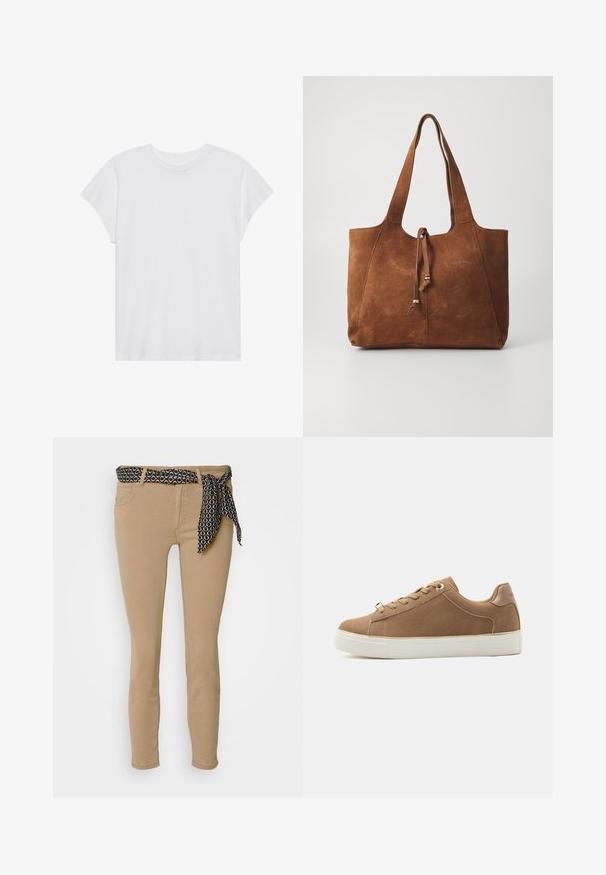 Weißes kurzärmliges T-Shirt mit Rundhalsausschnitt, lockerer Passform, aus weichem Baumwollstoff. Glatte Textur, keine Muster oder Logos.; Beige Skinny-Jeans mit einem schwarzen gemusterten Taillengummi und passendem Band. Verfügen über fünf Taschen und eine glatte Baumwollmischung.; Anna Field Sneaker low - cognac; Braune Wildleder-Handtasche mit zwei langen Griffen, Kordelzugverschluss und glatter Textur. Sie zeichnet sich durch ein einfaches Design und minimale Akzente aus.