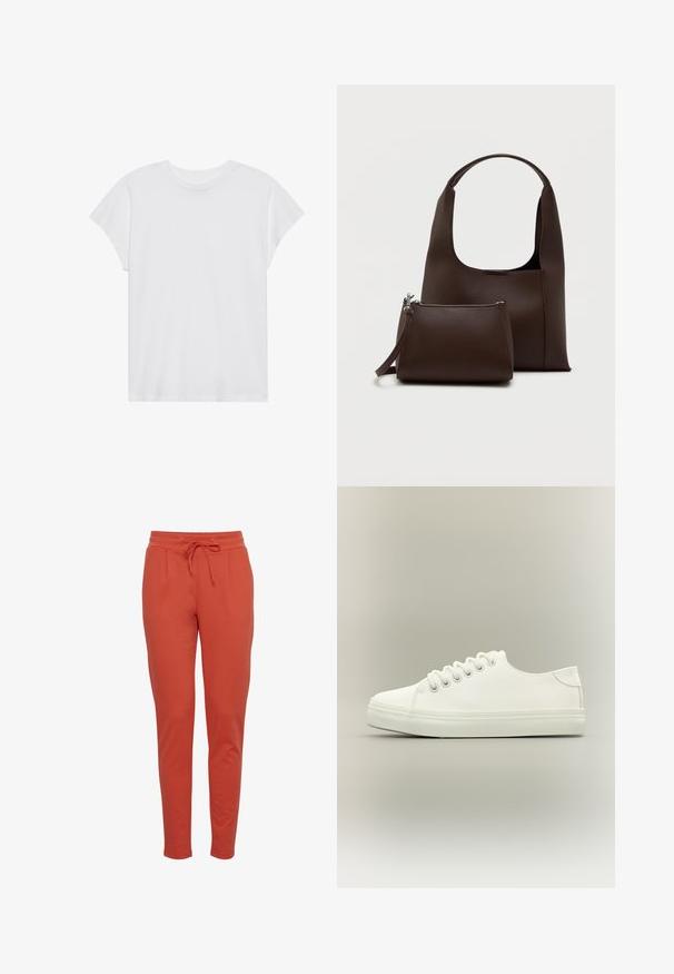 Hvid kortærmet t-shirt med rund hals, afslappet pasform, lavet af blødt bomuldsstof. Glat tekstur, ingen mønstre eller logoer.; Rustfarvede sweatpants med elastik i taljen og snor foran, med sidelommer og blødt stof.; Hvid lavtop sneaker med hvide snørebånd og gummisål vist fra siden på en neutral baggrund.; Brun syntetisk håndtaske med et buet håndtag og en glat tekstur. Inkluderer et matchende lille toilettaske med lynlås. Minimalistisk design.