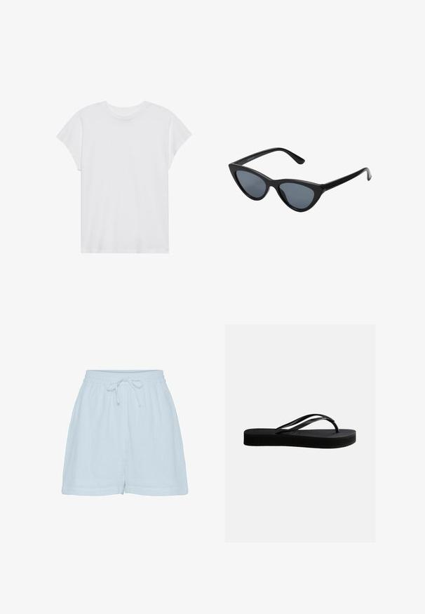 Witte t-shirt met korte mouwen, ronde hals, relaxte pasvorm, gemaakt van zacht katoen. Glad textuur, geen patronen of logo's.; Lichtblauwe katoenen shorts met een relaxte pasvorm, elastische tailleband en verstelbaar trekkoord. Beschikt over een zachte, gestructureerde stof en zijnaad.; Zwarte rubberen teenslipper met gestructureerd zool en Y-vormige band, zijaanzicht op een effen lichte achtergrond.; Zwarte cat-eye zonnebril met donkergrijze lenzen, slank plastic frame, puntige hoeken en rechte pootjes. Geen zichtbare hardware of accenten.