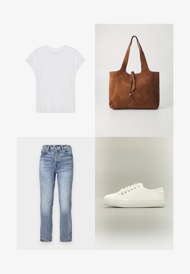 Witte t-shirt met korte mouwen, ronde hals, relaxte pasvorm, gemaakt van zacht katoen. Glad textuur, geen patronen of logo's.; Lichtblauwe spijkerbroek met een rechte pasvorm, hoge taille, vervaagde textuur en vijf zakken. Voorzien van een metalen knoop en ritsluiting.; Witte lage sneaker met witte veters en rubberen zool, zijaanzicht op een neutrale achtergrond.; Bruine suede tote bag met twee lange handvatten, trekkoordsluiting en een gladde textuur. Kenmerkt zich door een eenvoudig ontwerp en minimale accenten.