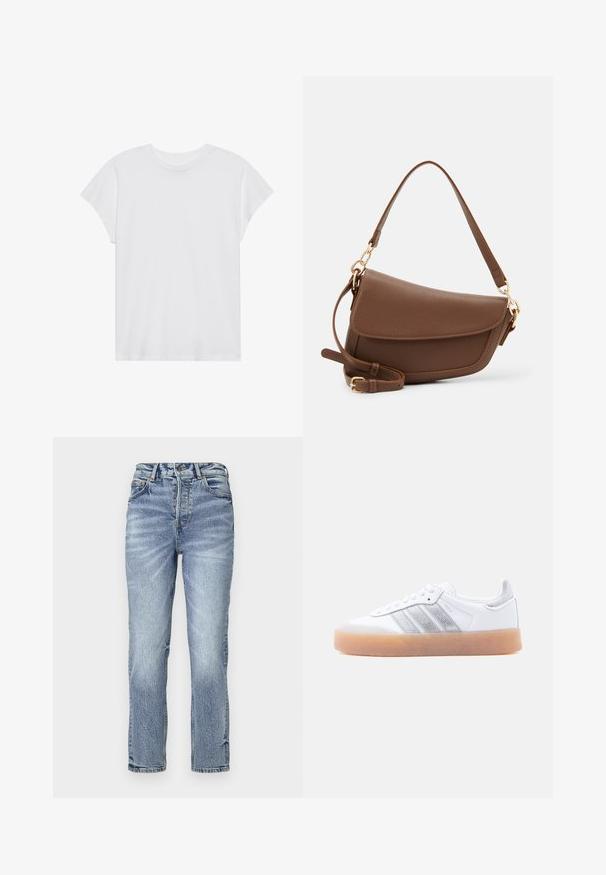 Hvid kortærmet t-shirt med rund hals, afslappet pasform, lavet af blødt bomuldsstof. Glat tekstur, ingen mønstre eller logoer.; Lyseblå denim jeans med lige pasform, høj talje, falmet tekstur og fem lommer. Har metalknap og lynlås lukning.; Hvid lavtop-sneaker med gum-gummisål, sølvstribede sideaccents og snørelukning, vist mod en ensfarvet lys baggrund.; Brun læder skuldertaske med en tekstureret overflade, buet form, guldfarvet hardware, justerbar rem og klaplukning.