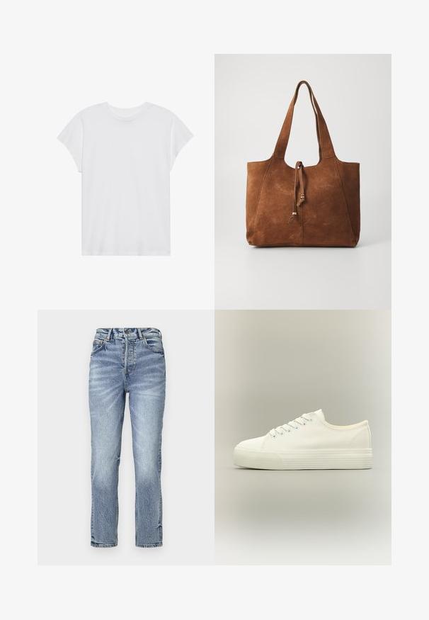 Camiseta blanca de manga corta con cuello redondo, corte relajado, hecha de suave tela de algodón. Textura lisa, sin estampados ni logotipos.; Jeans de mezclilla azul claro con ajuste recto, cintura alta, textura desgastada y cinco bolsillos. Presenta cierre de botón metálico y cremallera.; Zapatilla blanca de lona de perfil bajo con cierre de cordones en la parte delantera y suela gruesa de goma texturizada sobre fondo neutro.; Bolso tote de ante marrón con dos asas largas, cierre de cordón y textura suave. Presenta un diseño sencillo y acentos mínimos.