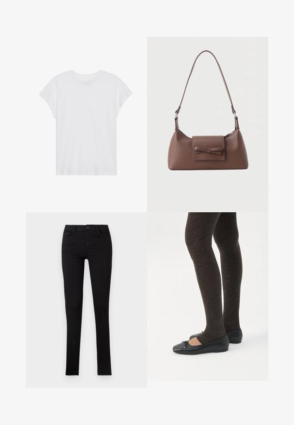 Hvid kortærmet t-shirt med rund hals, afslappet pasform, lavet af blødt bomuldsstof. Glat tekstur, ingen mønstre eller logoer.; Sorte denim skinny jeans med lav talje, forlommer og knaplukning. Har en glat tekstur og minimalistisk design.; Ben iført mørke ribbede leggings kombineret med sorte balletsko med små sløjfedetaljer på hvid baggrund.; Brun skuldertaske i læder med en frontlomme med klap, der har en sydd sløjfedetalje, og en justerbar rem.