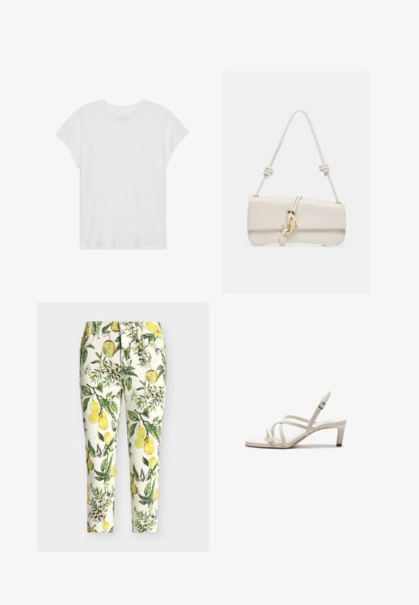 T-shirt blanc à manches courtes, col rond, coupe décontractée, en tissu de coton doux. Texture lisse, sans motifs ni logos.; Pantalon slim blanc avec imprimé coloré de citrons et feuilles vertes, avec poches avant et fermeture par bouton.; Zign by Zalando Escarpins - off white; Sac à main en cuir couleur crème avec poignée nouée et boucle décorative en métal doré sur le rabat avant.