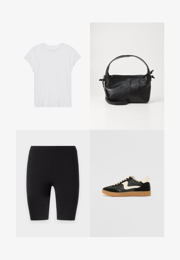 Hvid kortærmet t-shirt med rund hals, afslappet pasform, lavet af blødt bomuldsstof. Glat tekstur, ingen mønstre eller logoer.; Sorte knæ-lange leggings lavet af strækbart stof. Har en glat tekstur med en bred elastisk talje for komfort og pasform.; Sorte ruskinds- og lædersneakers med en cremefarvet side-swoosh og lys cremefarvet hæl. Har beige snørebånd og en gummirubber-sål.; Sort læderhåndtaske med et struktureret design, rund tophåndtag og aftagelig skulderrem. Den har en glat tekstur og en subtil glans.