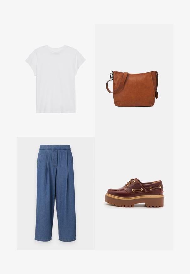 Valge lühikeste varrukatega T-särk ümmarguse kaelusega, lõdnema sobivusega, valmistatud pehmest puuvillakangasest. Sile tekstuur, ilma mustrite ja logodeta.; Sinine denim laiad püksid lõdva lõikega, ilma nööpideta vöökohaga, ees voldid ja kaks küljetaskut.; Pruun nahast paadisandaal, millel on massiivne pruun kummist tald, kuldsed silmad ja kontrastne õmblus. Külgedel on logo.; Pruun nahast õlakott, millel on kumer kuju, reguleeritav rihm ja minimaalne õmbluse detail, millel on avar sisu.