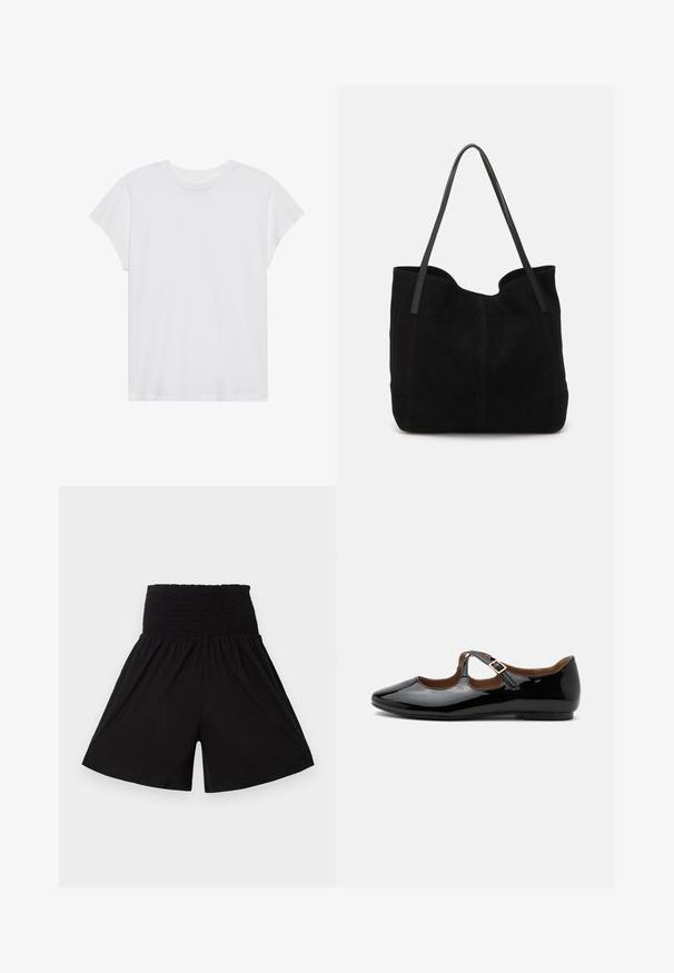 T-shirt blanc à manches courtes, col rond, coupe décontractée, en tissu de coton doux. Texture lisse, sans motifs ni logos.; Shorts noirs taille haute avec une large ceinture élastique froncée et des jambes larges et fluides.; Chaussure plate Mary Jane en cuir verni noir avec deux découpes et une bride à boucle dorée sur fond blanc.; Sac fourre-tout en suède noir avec deux longues anses en cuir plates. Présente un bord supérieur incurvé et des coutures visibles sur le devant. Pas d'accents en métal.