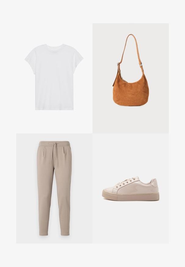 Camiseta blanca de manga corta con cuello redondo, corte relajado, hecha de suave tela de algodón. Textura lisa, sin estampados ni logotipos.; Pantalones jogger beige elaborados en tejido suave, con una cintura elástica y cordón, y bolsillos laterales. Diseño de pierna estrecha.; Zapatilla beige brillante de caña baja con cordones, ojales dorados y suela gruesa de goma, mostrada de lado sobre un fondo blanco liso.; Bolso de hombro de ante marrón claro con un diseño curvado, correa ajustable, cremallera metálica y detalle de logo en relieve en la parte frontal.