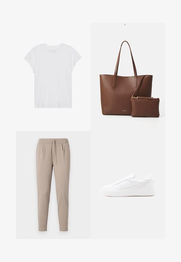 Camiseta blanca de manga corta con cuello redondo, corte relajado, hecha de suave tela de algodón. Textura lisa, sin estampados ni logotipos.; Pantalones jogger beige elaborados en tejido suave, con una cintura elástica y cordón, y bolsillos laterales. Diseño de pierna estrecha.; Zapatilla blanca de corte bajo con suela gruesa, diseño con cordones y detalles de costura sutiles sobre un fondo claro y uniforme.; Bolso tote de imitación cuero marrón con dos asas largas y un pequeño bolso a juego. La superficie presenta un patrón texturizado y detalles en dorado.