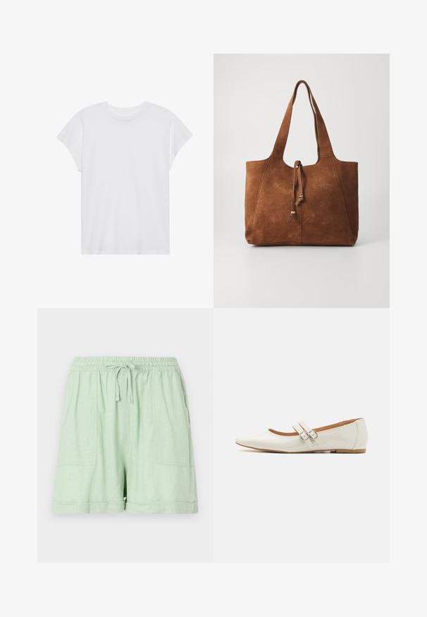 Hvid kortærmet t-shirt med rund hals, afslappet pasform, lavet af blødt bomuldsstof. Glat tekstur, ingen mønstre eller logoer.; Lysegrønne shorts i en blanding af linned med elastisk talje, snøre lukning og to frontlommer; har en ombetrukket kantdetalje.; Hvide patentlæder flade sko med spids tå, to dekorative stropper med sølvspænder og en diskret brun sål.; Brun ruskinds tote bag med to lange håndtag, snøre lukning og glat tekstur. Har et enkelt design og minimale accenter.