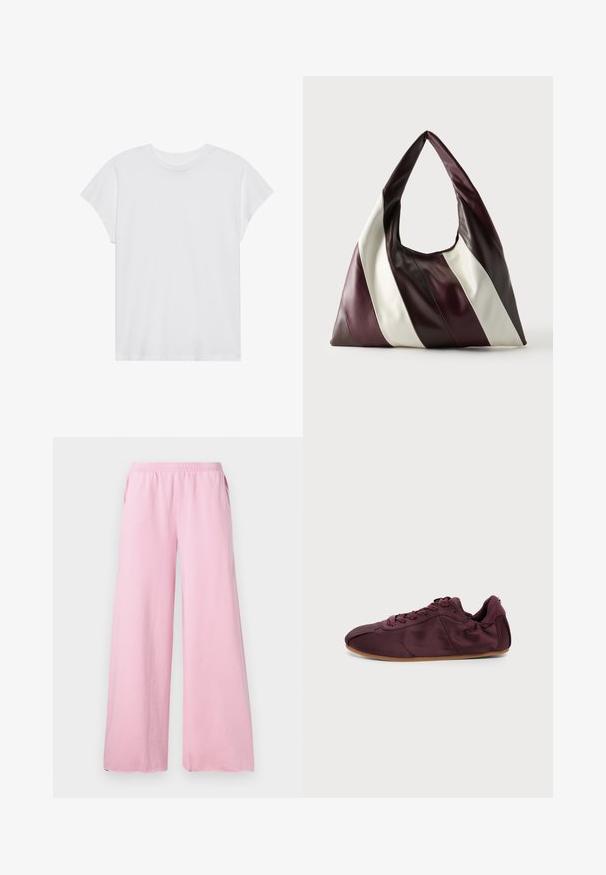 T-shirt blanc à manches courtes, col rond, coupe décontractée, en tissu de coton doux. Texture lisse, sans motifs ni logos.; Pantalons large rose en tissu doux avec une taille élastique et des poches latérales. Présente une coupe droite et fluide.; Baskets basses bordeaux avec laçage à l’avant et semelle en caoutchouc marron sur un fond gris clair uni.; Grand sac à main triangulaire en cuir avec de larges rayures diagonales marron foncé, bordeaux et crème sur un fond uni.