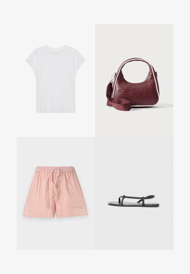 T-shirt blanc à manches courtes, col rond, coupe décontractée, en tissu de coton doux. Texture lisse, sans motifs ni logos.; Shorts rose clair avec des rayures verticales rouges, fabriqués en tissu doux. Dotés d'une taille élastique avec un cordon de serrage pour un ajustement.; Sandales plates noires avec des sangles fines et texturées, au design minimaliste. La semelle est lisse et la forme globale est élégante et discrète.; Sac à main en cuir tressé marron foncé avec poignée courbée, garniture blanche, fermeture éclair argentée et bandoulière large en tissu amovible sur fond uni.