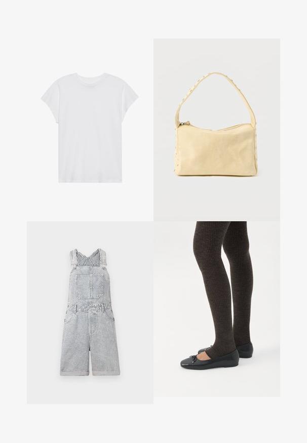 Witte t-shirt met korte mouwen, ronde hals, relaxte pasvorm, gemaakt van zacht katoen. Glad textuur, geen patronen of logo's.; Gestreepte denim jumpsuit met een vierkante zak, verstelbare straps en een wijde halslijn. Heeft een relaxte pasvorm met een shorts-lengte.; Benen met donkere geribbelde leggings gecombineerd met zwarte ballerina's met kleine strikdetails op een witte achtergrond.; Kleine beige leren handtas met een enkele band en zilveren studs langs de randen en band, tegen een effen achtergrond.