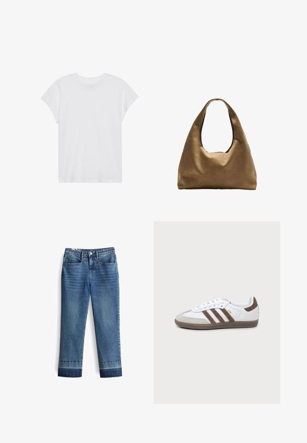 Weißes kurzärmliges T-Shirt mit Rundhalsausschnitt, lockerer Passform, aus weichem Baumwollstoff. Glatte Textur, keine Muster oder Logos.; Blaue Jeans aus Denim mit gerade geschnittenem Bein, vier Taschen und einem umgeschlagenen Saum mit einem leicht dunkleren blauen Akzent. Klassische Knopf- und Reißverschlussöffnung.; Weißer und brauner Adidas Samba Sneaker mit drei braunen Streifen, Schnürsenkeln und strukturierter Sohle, von der Seite auf einem einfarbigen Hintergrund gezeigt.; Braune Stoffschultertasche mit einem breiten, runden Körper und einem großen Ausschnittgriff. Sanfte Textur, minimalistisches Design und keine sichtbaren Beschläge.