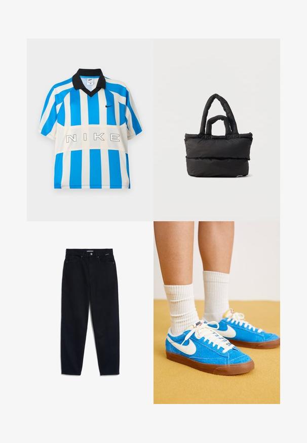 Camiseta deportiva Nike de manga corta con rayas verticales azules y blancas, cuello negro y letras "NIKE" en el pecho.; Jeans de mezclilla negra con pierna recta, diseño de cinco bolsillos y cierre de botón. La tela tiene una textura suave y costuras mínimamente visibles.; Zapatillas Nike de ante azul con detalles en blanco, cordones planos y suelas de goma marrón, combinadas con calcetines blancos de canalé.; Bolso tote negro acolchado con dos asas acolchadas, forma rectangular y textura acolchada suave sobre fondo blanco liso.
