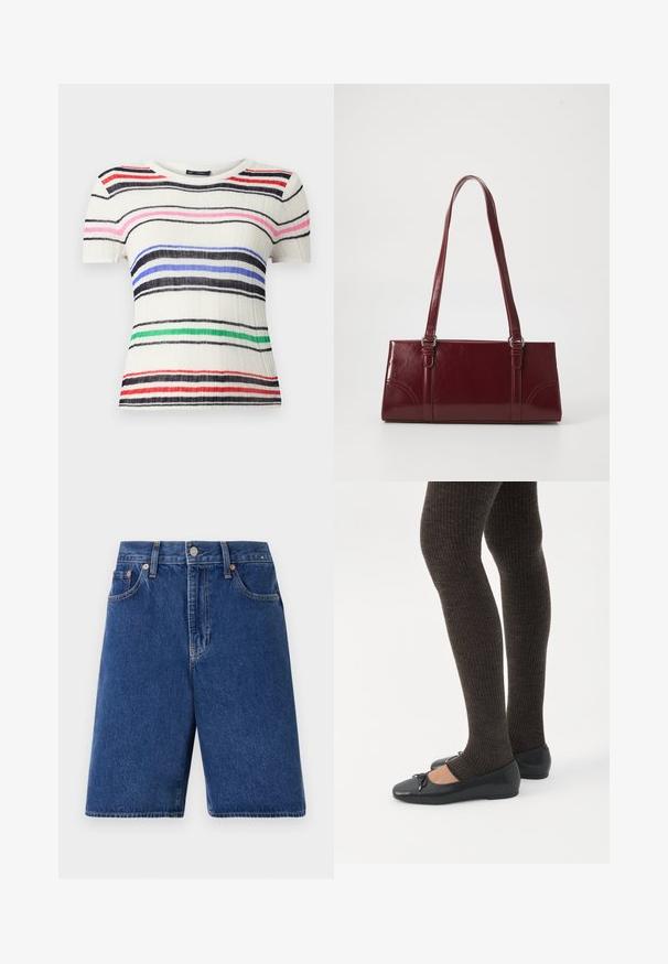 Korte mouw top in ribbelwit materiaal met horizontale strepen in zwart, blauw, roze, rood en groen. Ronde halslijn, aansluitend ontwerp.; Donkerblauwe denim shorts met een klassieke pasvorm, vijf-pocket ontwerp en oranje stiksel. Afgewerkt met een knoop en rits aan de voorkant.; Benen met donkere geribbelde leggings gecombineerd met zwarte ballerina's met kleine strikdetails op een witte achtergrond.; Bourgondische handtas van glanzend materiaal, rechthoekige vorm, met twee schouderbanden en subtiele gebogen accenten aan de voorkant.