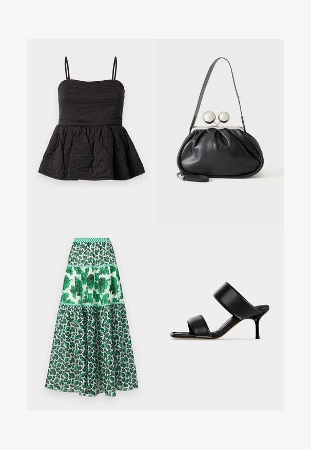 Čierny peplum top s nastaviteľnými ramienkami, textúrovaná látka s vírivým dizajnom a nariaseným dolným lemom pre objem.; Zelená maxi sukňa s vzorom a gumičkovým pásom. Má viacúrovňový dizajn s kvetinovými vzormi a rôznymi odtieňmi zelenej.; Čierna kožená mule sandála s dvoma širokými remienkami a úzkym, stredne vysokým ihličkovým podpätkom na jednoduchom svetlom pozadí.; Čierna kožená kabelka so zhlukovým dizajnom, jedným popruhom, strieborným kovovým rámom a dvoma veľkými okrúhlymi striebornými zapínaniami.