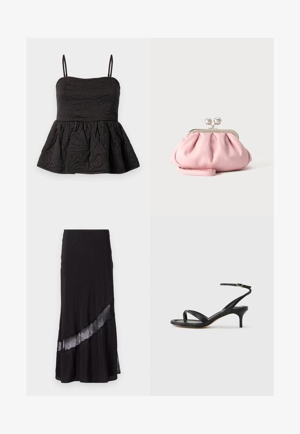 Sort peplum top med justerbare spaghetti stropper, struktureret stof med snoet design, og samlet underkant for volumen.; Sort nederdel lavet af glat stof, med en blonderindsats diagonalt henover kanten. Udvidet design med en subtil glans.; Sort damesandal i læder med tynde remme, en tå-loop, ankelspænde og en mellemhøj stiletthæl på en neutral baggrund.; Lille blød lyserød clutchpung med sølvfarvet metalramme og rund lås, hvilende på en flad lys overflade med håndledsrem foldet foran.